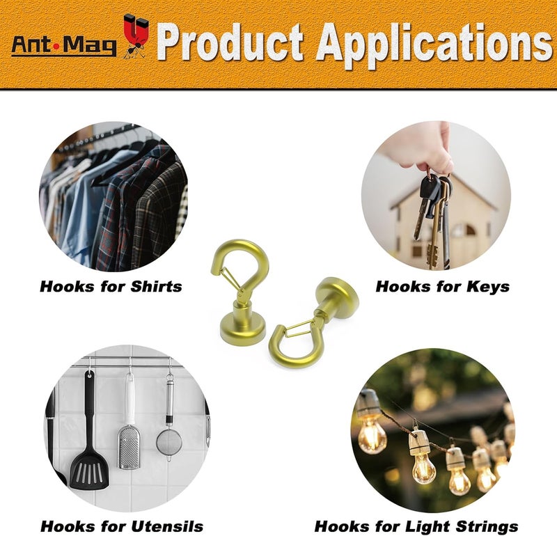Ant Mag Magnetic Hooks Heavy Duty with Snap 22lbs Strong Gold Magnet Hooks Great Hanging for Refrigerator, Cruise Cabin, Grill, Wreath,Kitchen,Office 8 Pack - Image 5